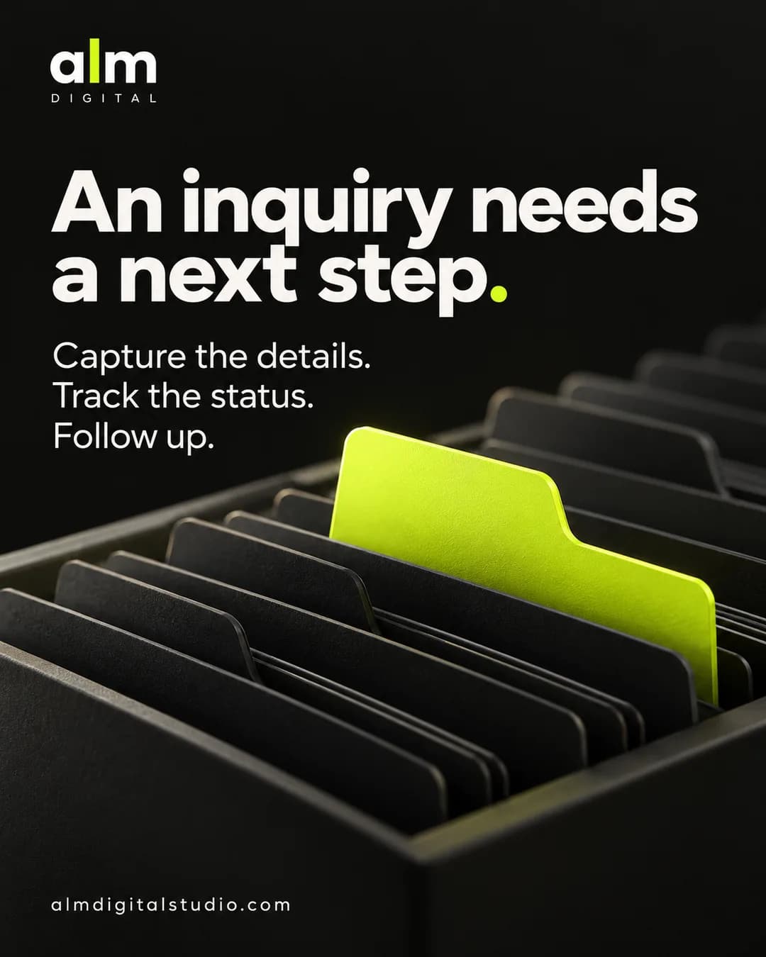 "An inquiry needs a next step." Instagram paylaşımı: tünd qovluqlar arasından qalxan bir açıq yaşıl qovluq.