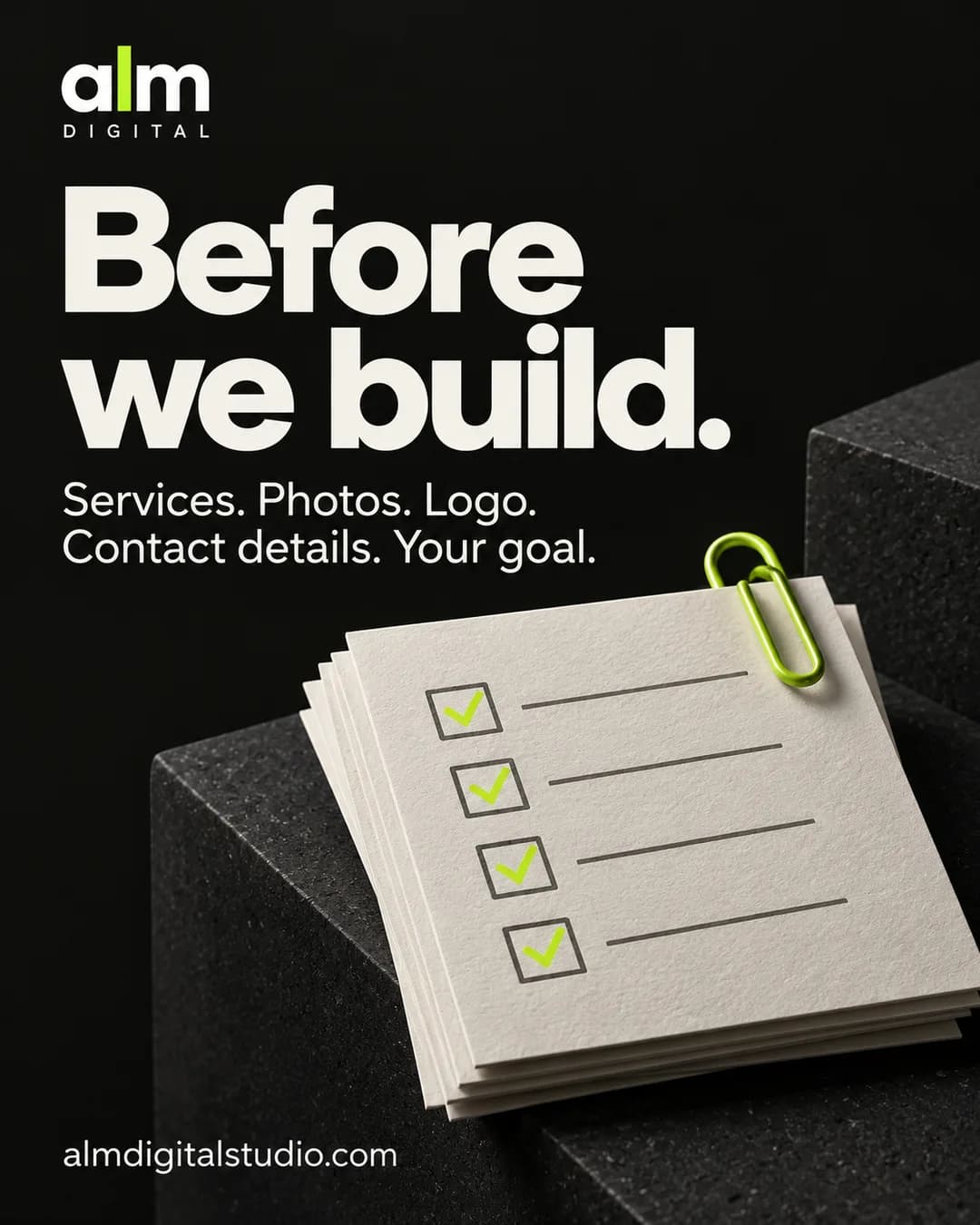 "Before we build." Instagram paylaşımı: xidmətlər, fotolar, loqo, əlaqə məlumatları və məqsəd üçün kağız siyahı.