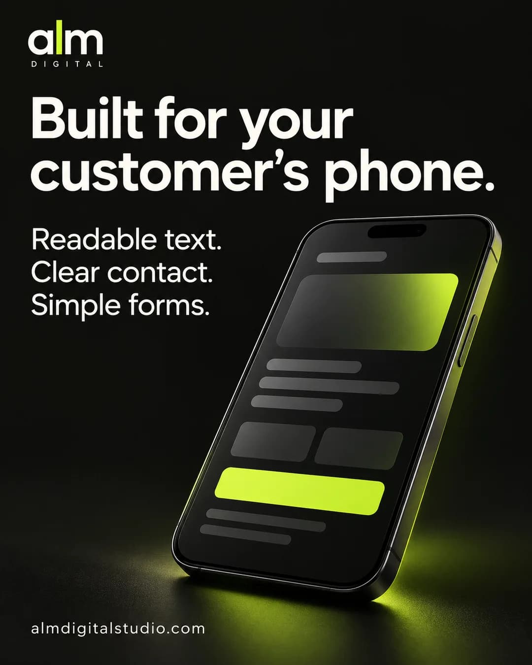 "Built for your customer's phone." Instagram paylaşımı: sadə tünd sayt göstərən smartfon.