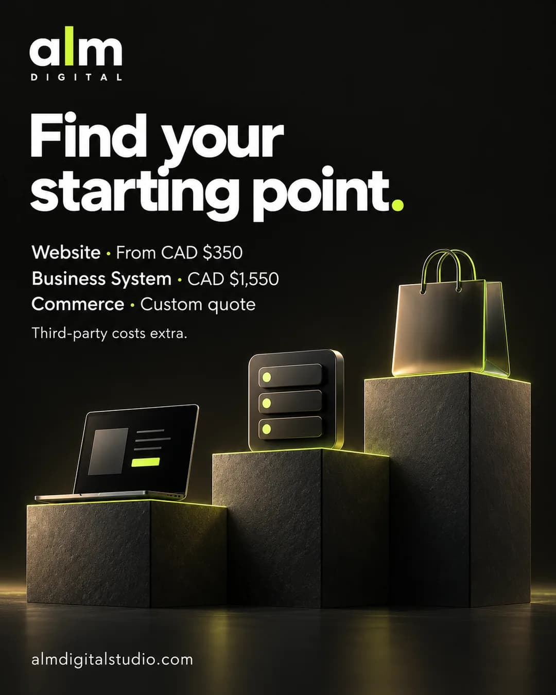 "Find your starting point." Instagram paylaşımı: sayt CAD $350-dan, Business System CAD $1,550, mağaza fərdi təkliflə.