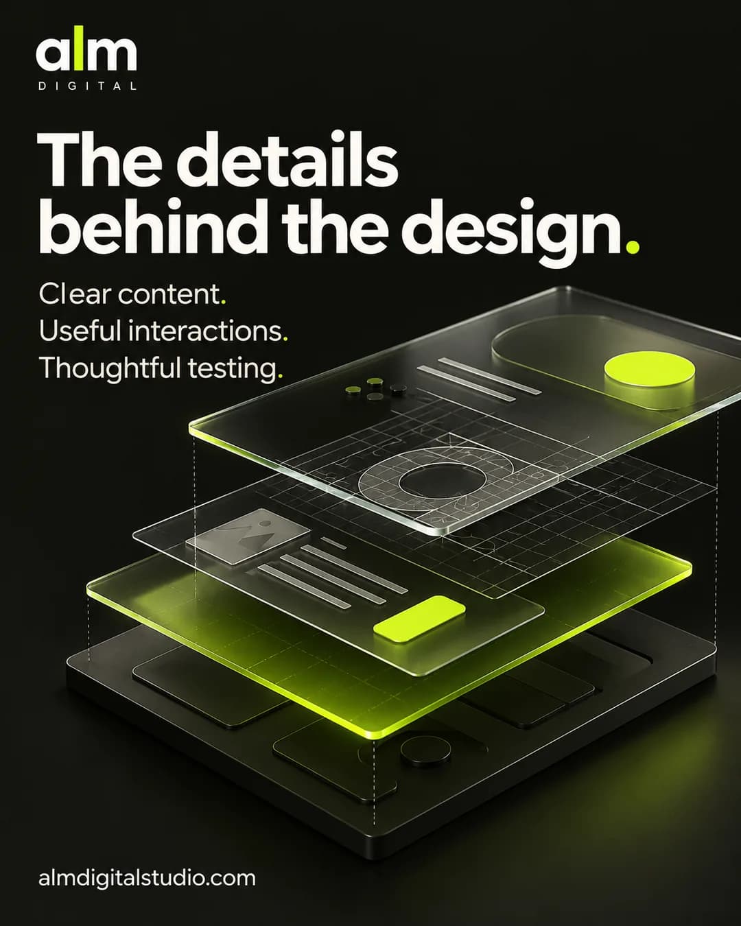 "The details behind the design" Instagram gönderisi: açık yeşil detaylı, katmanlara ayrılmış cam web sitesi arayüzü.